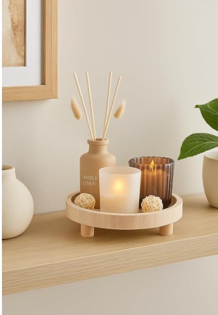 New Amber Linen Scented Candle and Diffuser Set on Decorative Wooden Footed Tray, A Sophisticated Home Fragrance Gift Set, Ideal for Living Rooms, Bedrooms & Entryways.