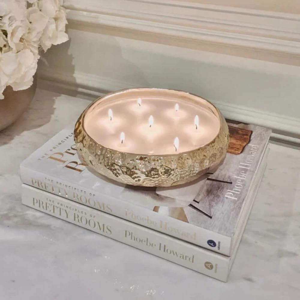 Marco Paul Large Scented Candle Bowl 7 Wick Gold Vanilla 25cm Candle Dish Hammered Tone Long Lasting Home Fragrance Luxury Soy Wax Christmas Home Decoration Dining Table Centrepiece