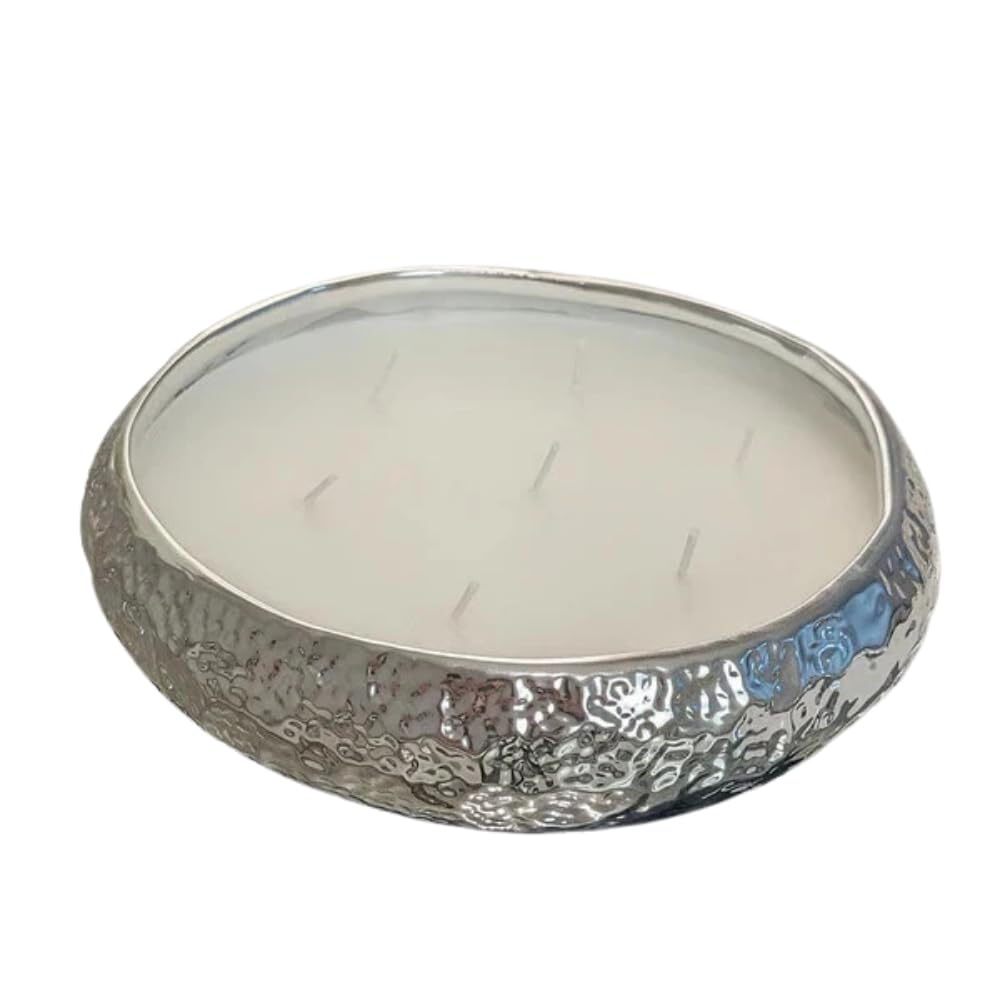 Marco Paul Large Vanilla Scented Candle Bowl - 7 Wick Silver Candle Dish Hammered Tone Home Decoration - Home Fragrance Luxury Soy Wax Christmas Gifts Long Lasting Dining Table Centrepiece