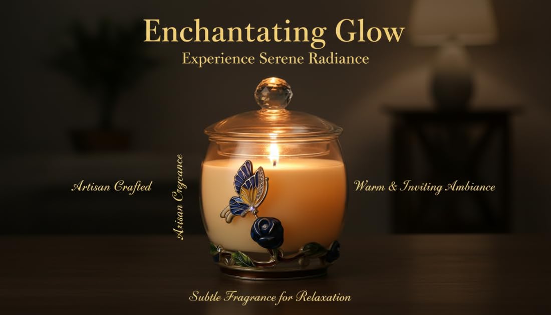 Luxury Scented Candles Gifts for Women - Enamel Butterfly & Blue Rose Decorative Glass Jar with Faceted Crystal Lid, Natural Soy Wax Aromatherapy Candle for Stress Relief, Unique Birthday Mother's Day