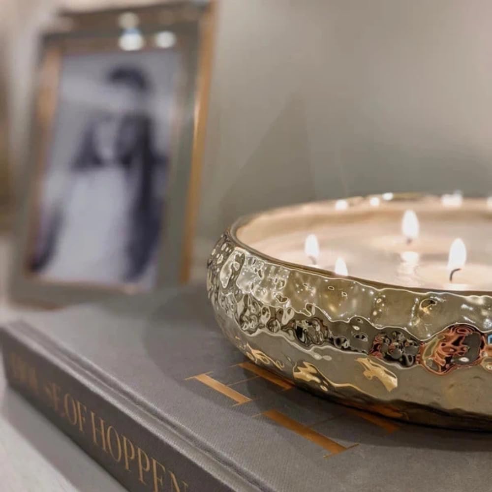 Marco Paul Large Scented Candle Bowl 7 Wick Gold Vanilla 25cm Candle Dish Hammered Tone Long Lasting Home Fragrance Luxury Soy Wax Christmas Home Decoration Dining Table Centrepiece