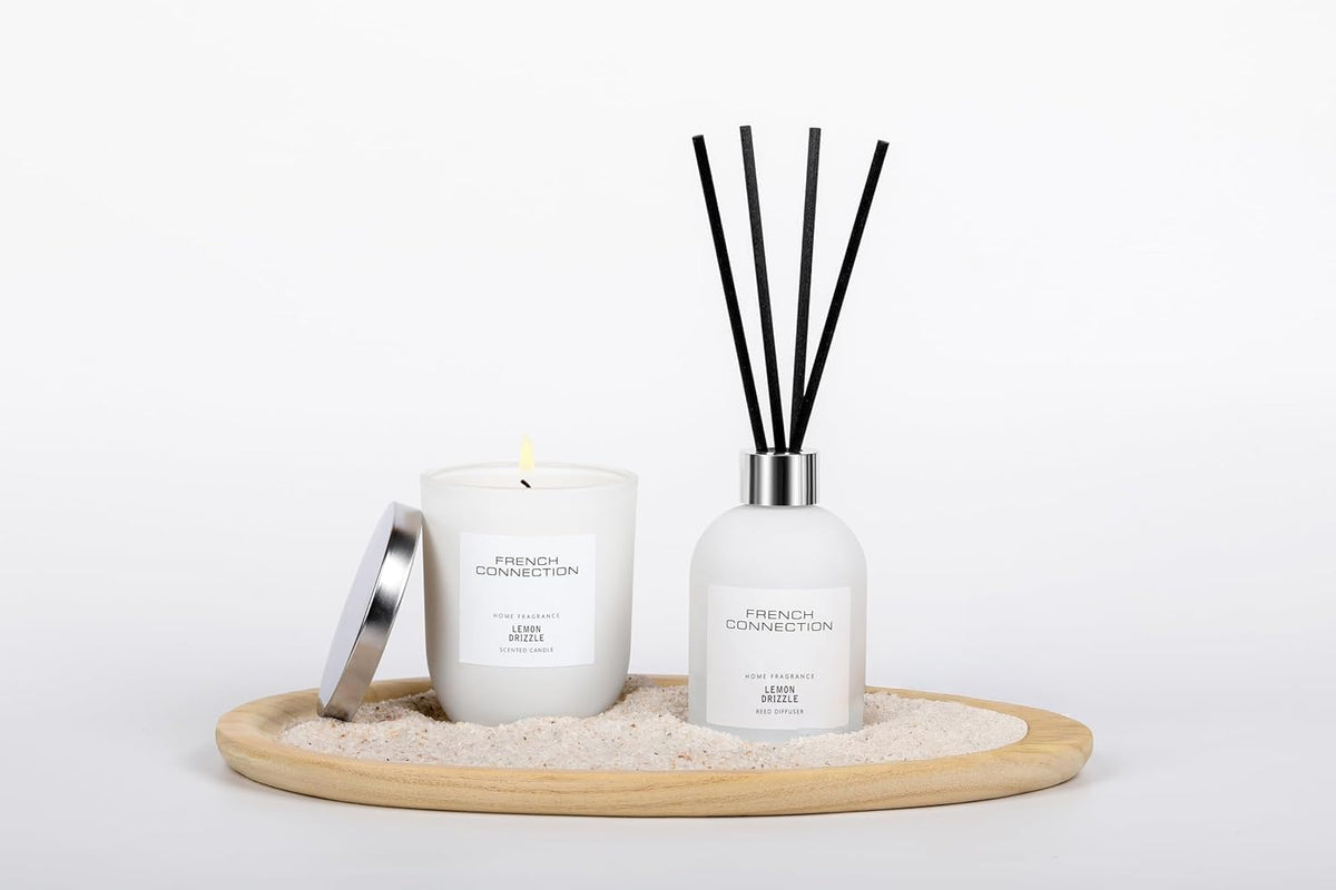 French Connection Lemon Drizzle Home Fragrance Gift Set | Scented Candle & Reed Diffuser with Wooden Plate, Sand | Luxury Aromatherapy Set | (Small)