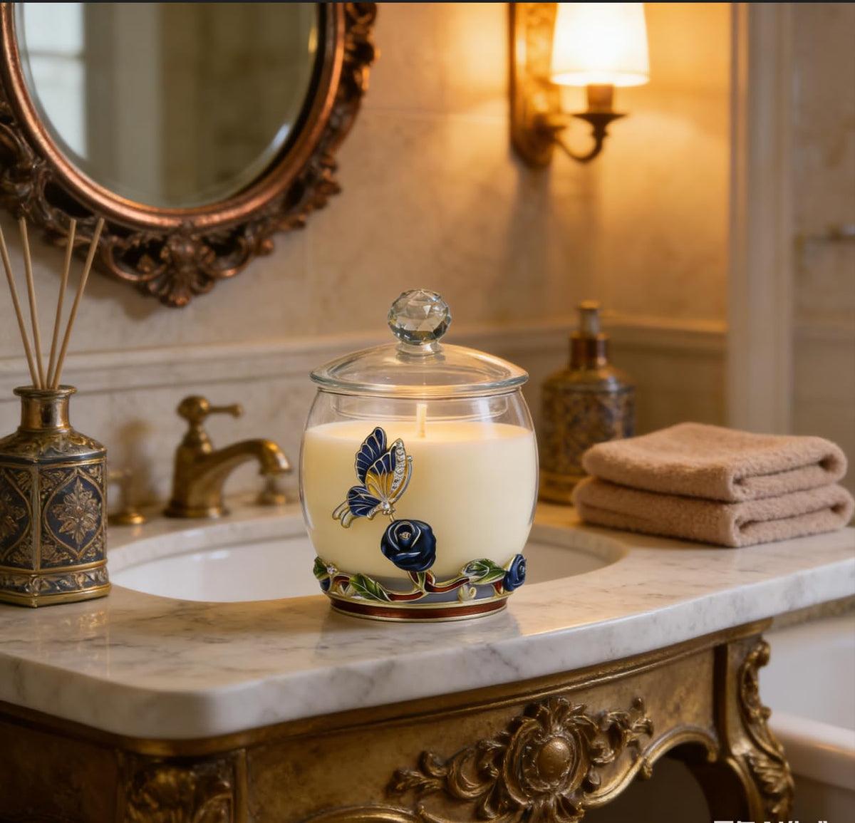 Luxury Scented Candles Gifts for Women - Enamel Butterfly & Blue Rose Decorative Glass Jar with Faceted Crystal Lid, Natural Soy Wax Aromatherapy Candle for Stress Relief, Unique Birthday Mother's Day