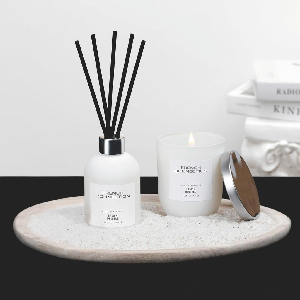 French Connection Lemon Drizzle Home Fragrance Gift Set | Scented Candle & Reed Diffuser with Wooden Plate, Sand | Luxury Aromatherapy Set | (Small)