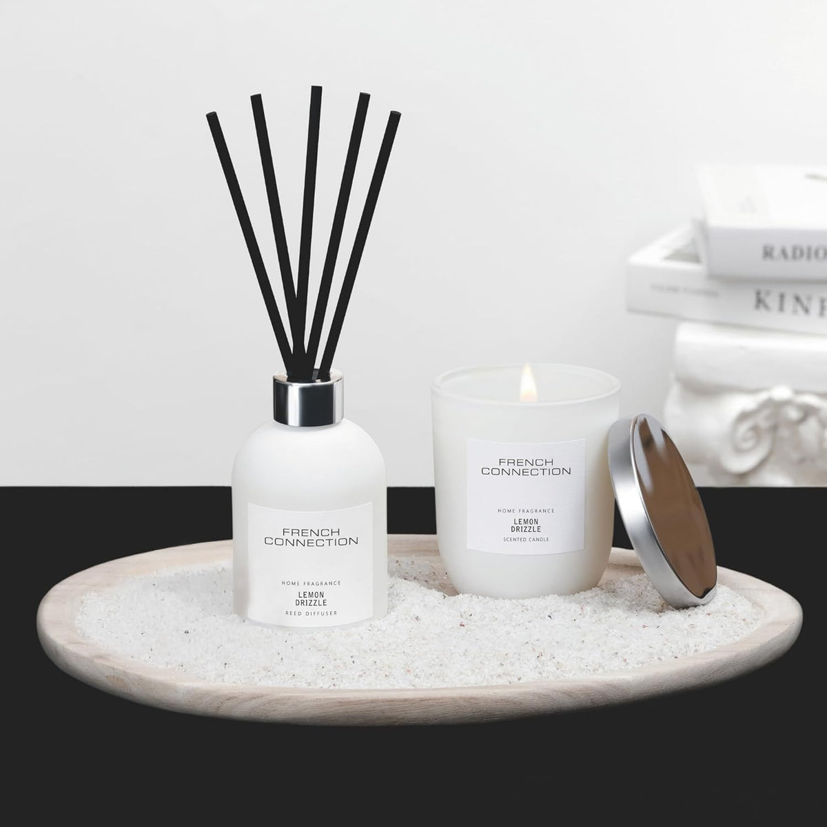 French Connection Lemon Drizzle Home Fragrance Gift Set | Scented Candle & Reed Diffuser with Wooden Plate, Sand | Luxury Aromatherapy Set | (Small)