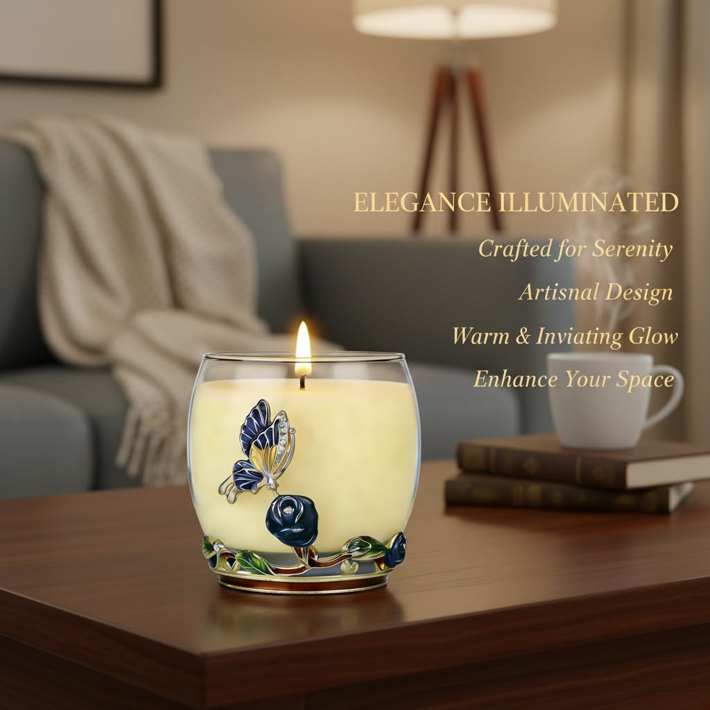 Luxury Scented Candles Gifts for Women - Enamel Butterfly & Blue Rose Decorative Glass Jar with Faceted Crystal Lid, Natural Soy Wax Aromatherapy Candle for Stress Relief, Unique Birthday Mother's Day