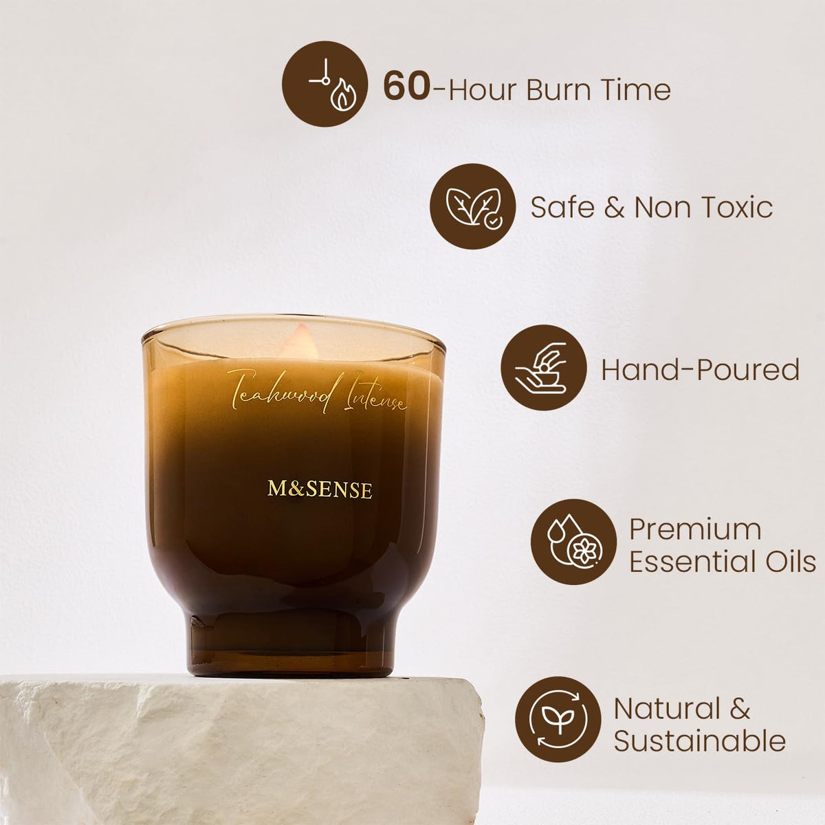M&SENSE Teakwood Intense Scented Candle with Crackling Wick, 270g, 60 Hour Burn Time for Women