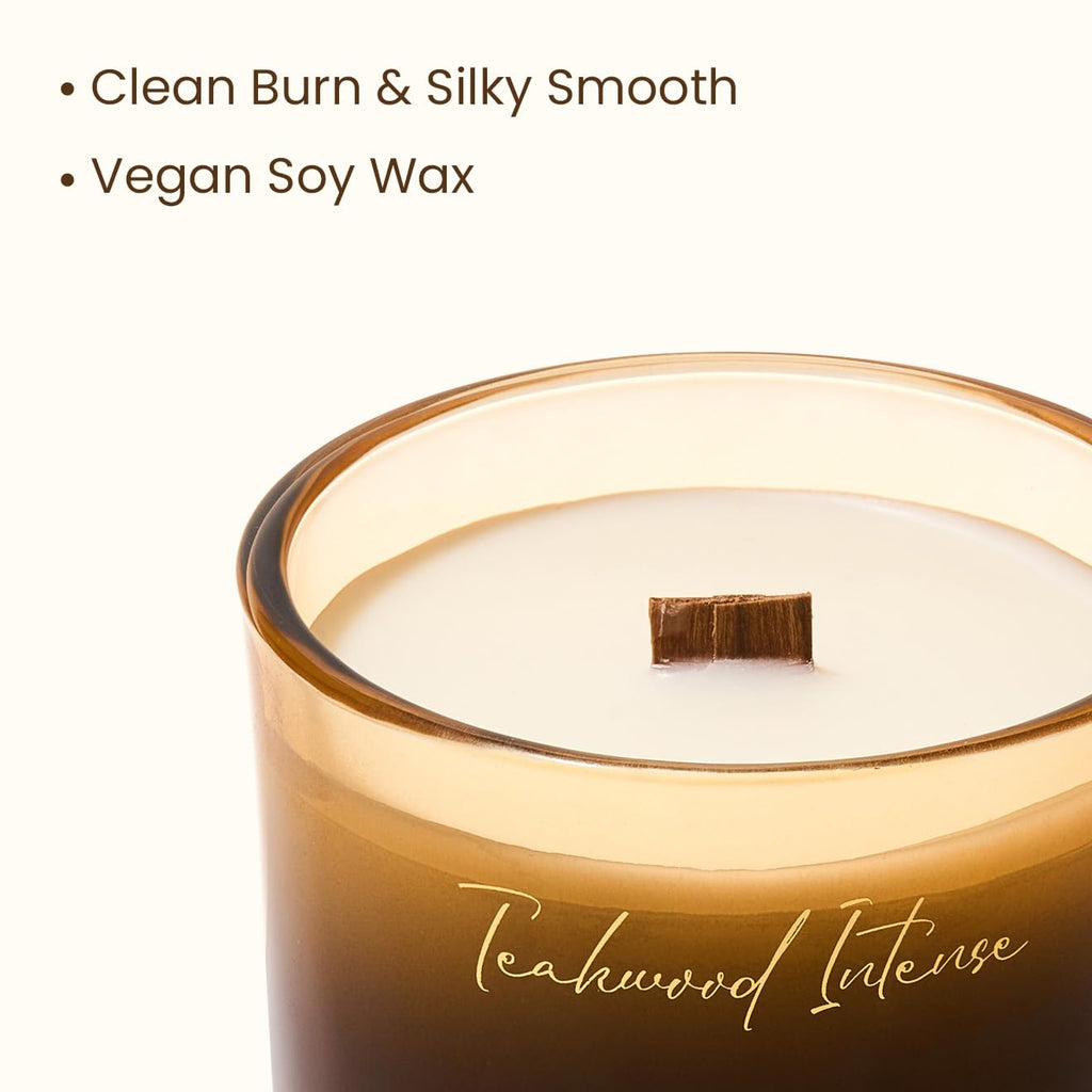 M&SENSE Teakwood Intense Scented Candle with Crackling Wick, 270g, 60 Hour Burn Time for Women
