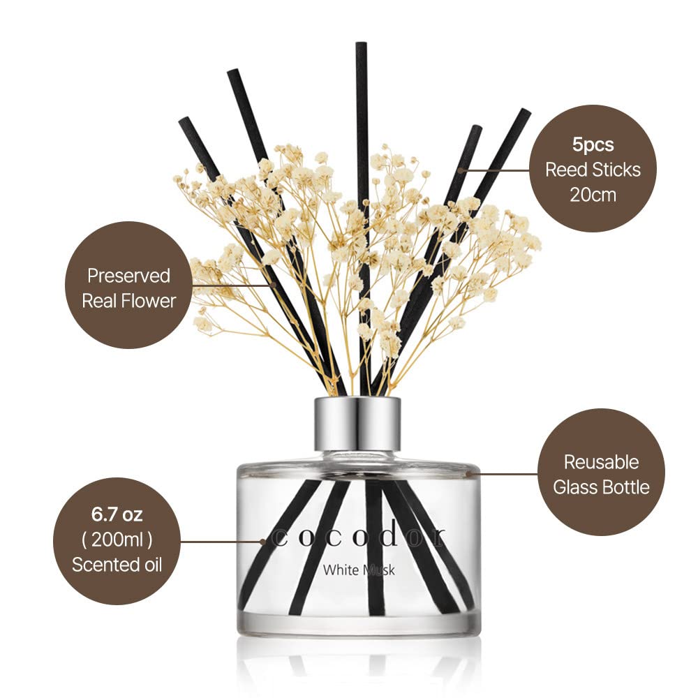 COCODOR Flower Reed Diffuser set / 6.7oz(200ml) / White Jasmine/Scent Diffuser with Sticks Home Fragrance Reed Diffuser for Bathroom Shelf Decor