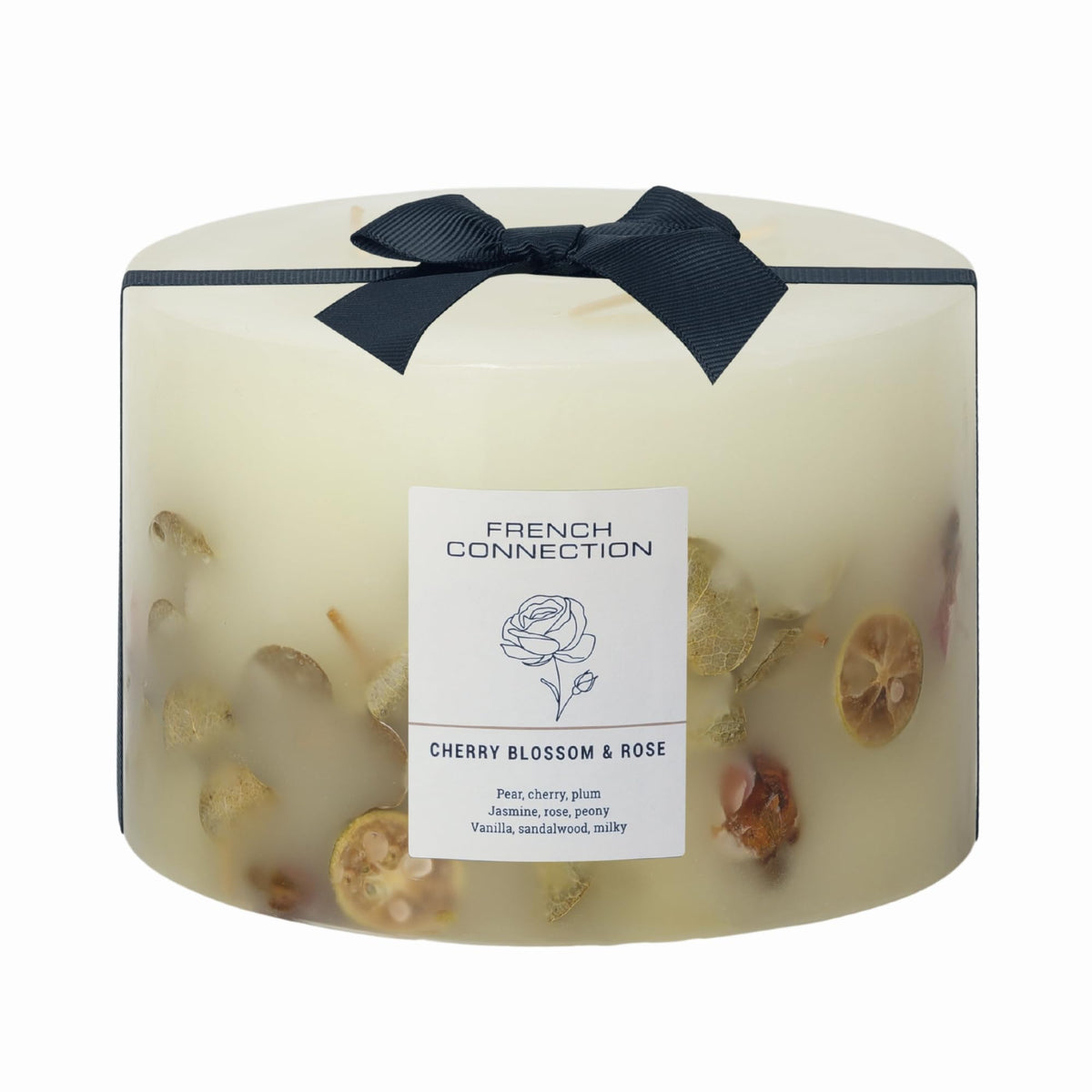 French Connection Cherry Blossom & Rose Scented Candle Botanical Pillar Candle | Aromatherapy Candles Gifts For Women & Men- (1.5KG/91hr) Burn Time | Long-Lasting Large 3 Wick Candle Housewarming Gift