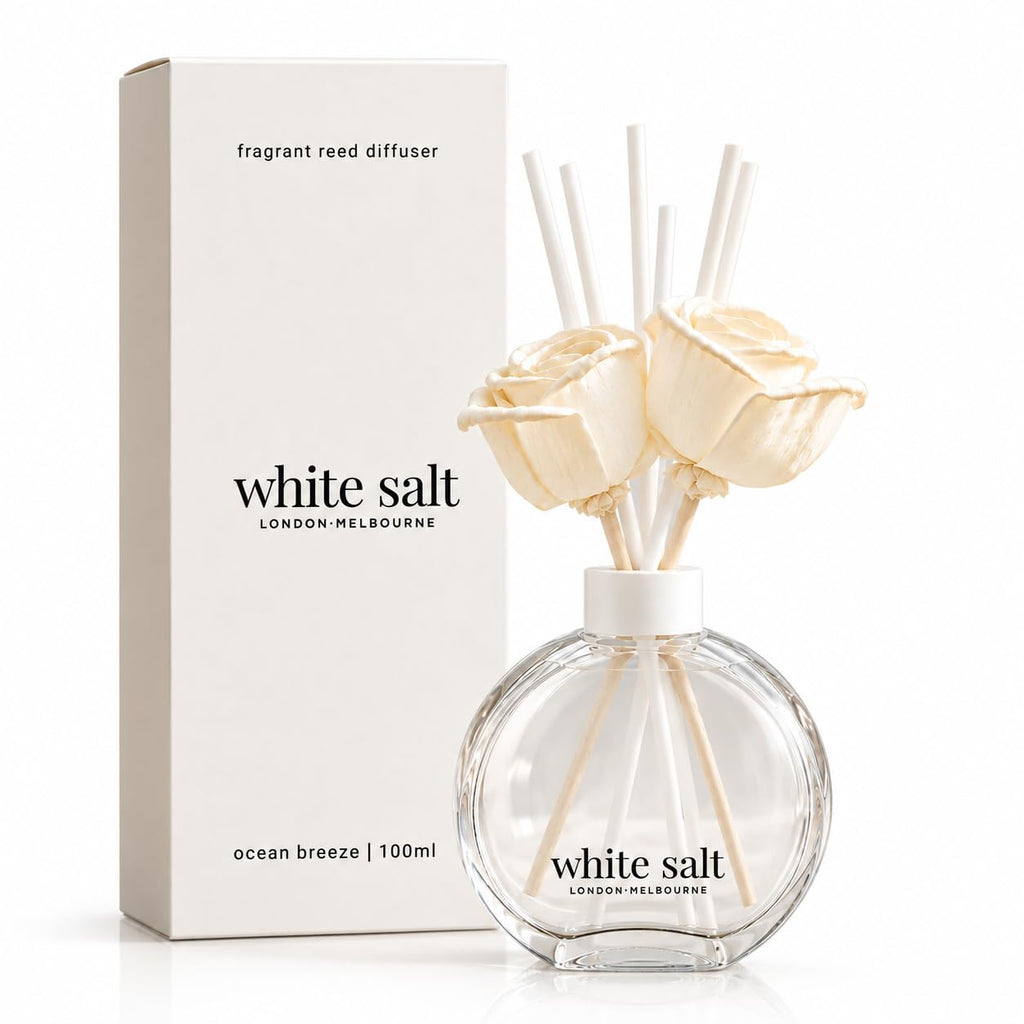 White Salt London Melbourne Ocean Breeze Reed Diffuser 100ml Luxury Home Fragrance with Essential Oils Long Lasting for Bedroom Bathroom and Living Room