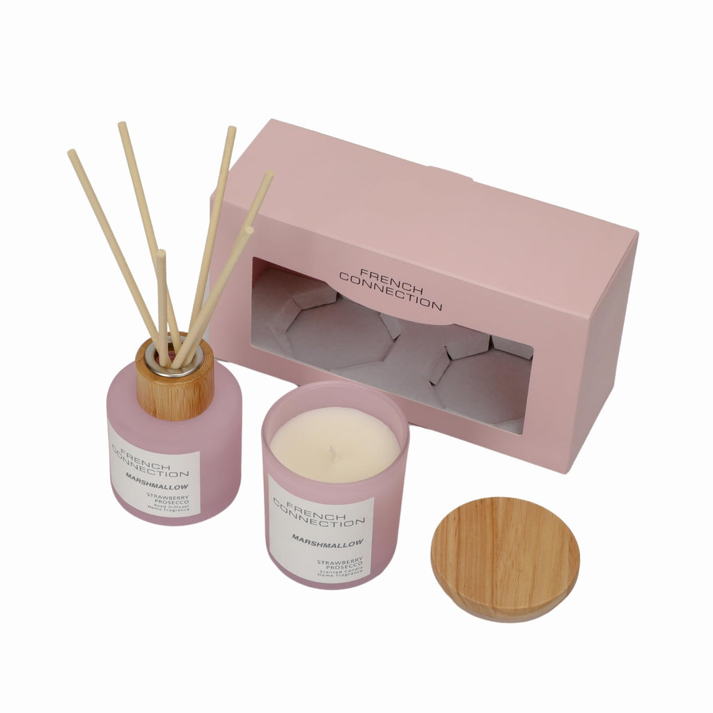 French Connection Pastel Range Strawberry Prosecco 130G Candle and 100ML Reed Diffuser Gift Set