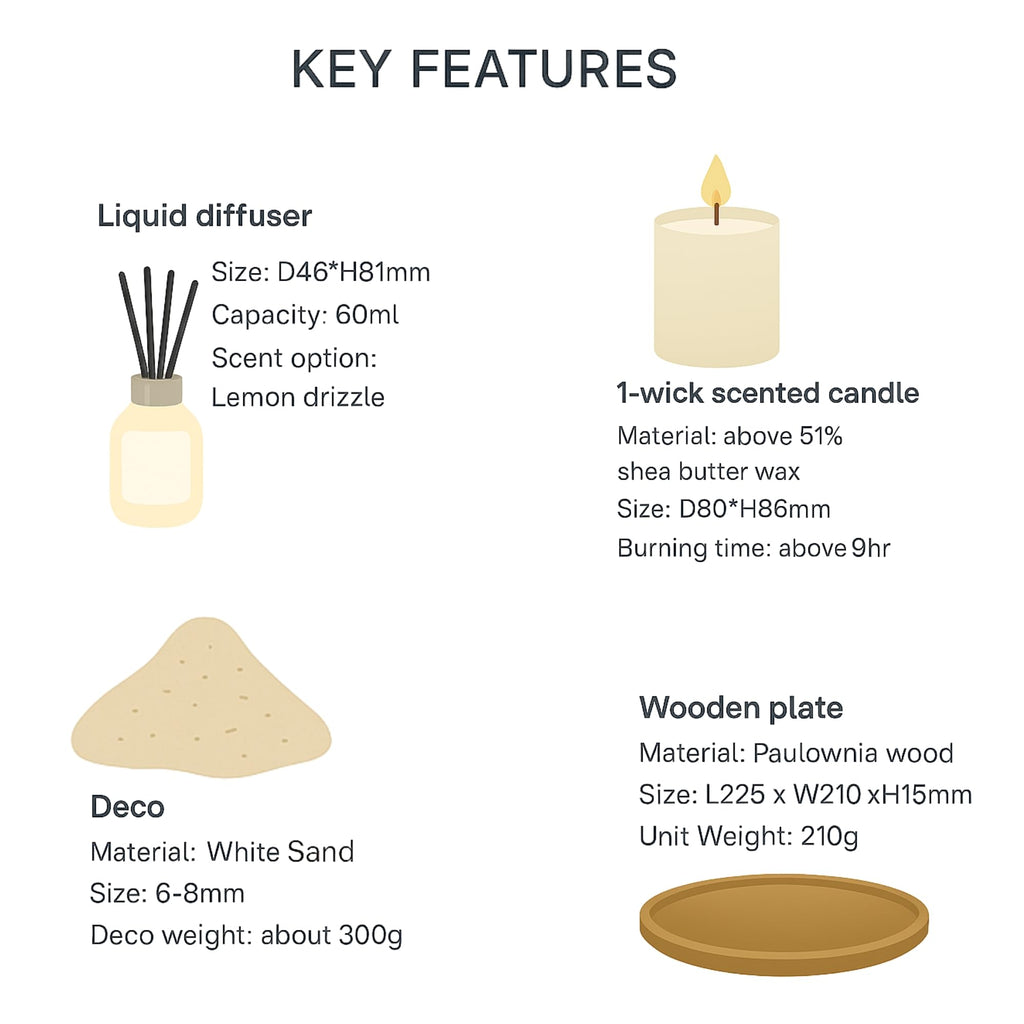 French Connection Lemon Drizzle Home Fragrance Gift Set | Scented Candle & Reed Diffuser with Wooden Plate, Sand | Luxury Aromatherapy Set | (Small)