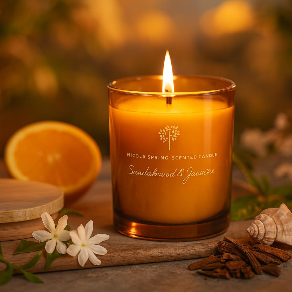 Nicola Spring Sandalwood & Jasmine Scented Candle & Reed Diffuser Set - 130g Soy Wax Candle 21 Hour Burning Time Small Relaxing Fragrance Gift Set Aromatherapy 200ml Fragrant Diffuser