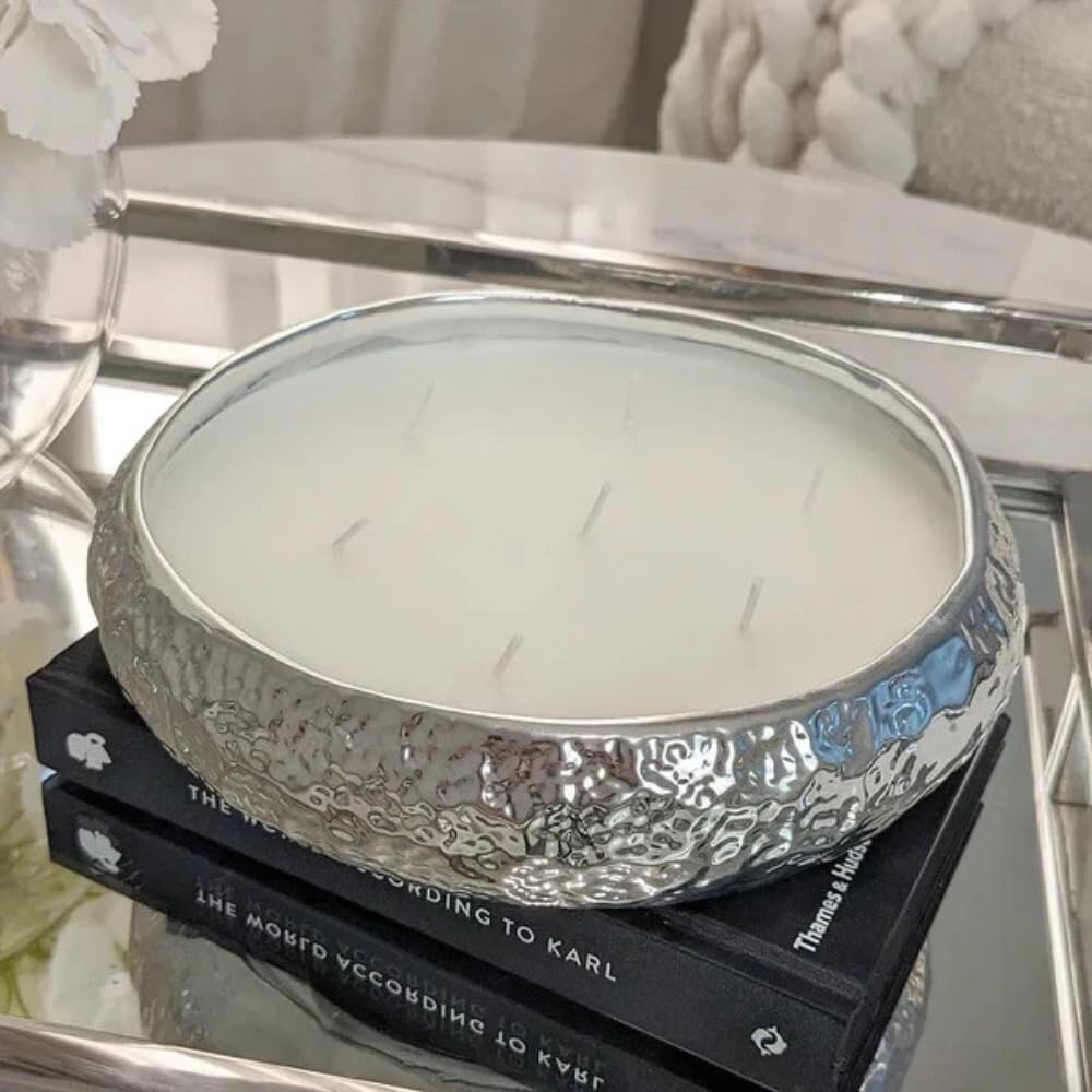 Marco Paul Large Vanilla Scented Candle Bowl - 7 Wick Silver Candle Dish Hammered Tone Home Decoration - Home Fragrance Luxury Soy Wax Christmas Gifts Long Lasting Dining Table Centrepiece