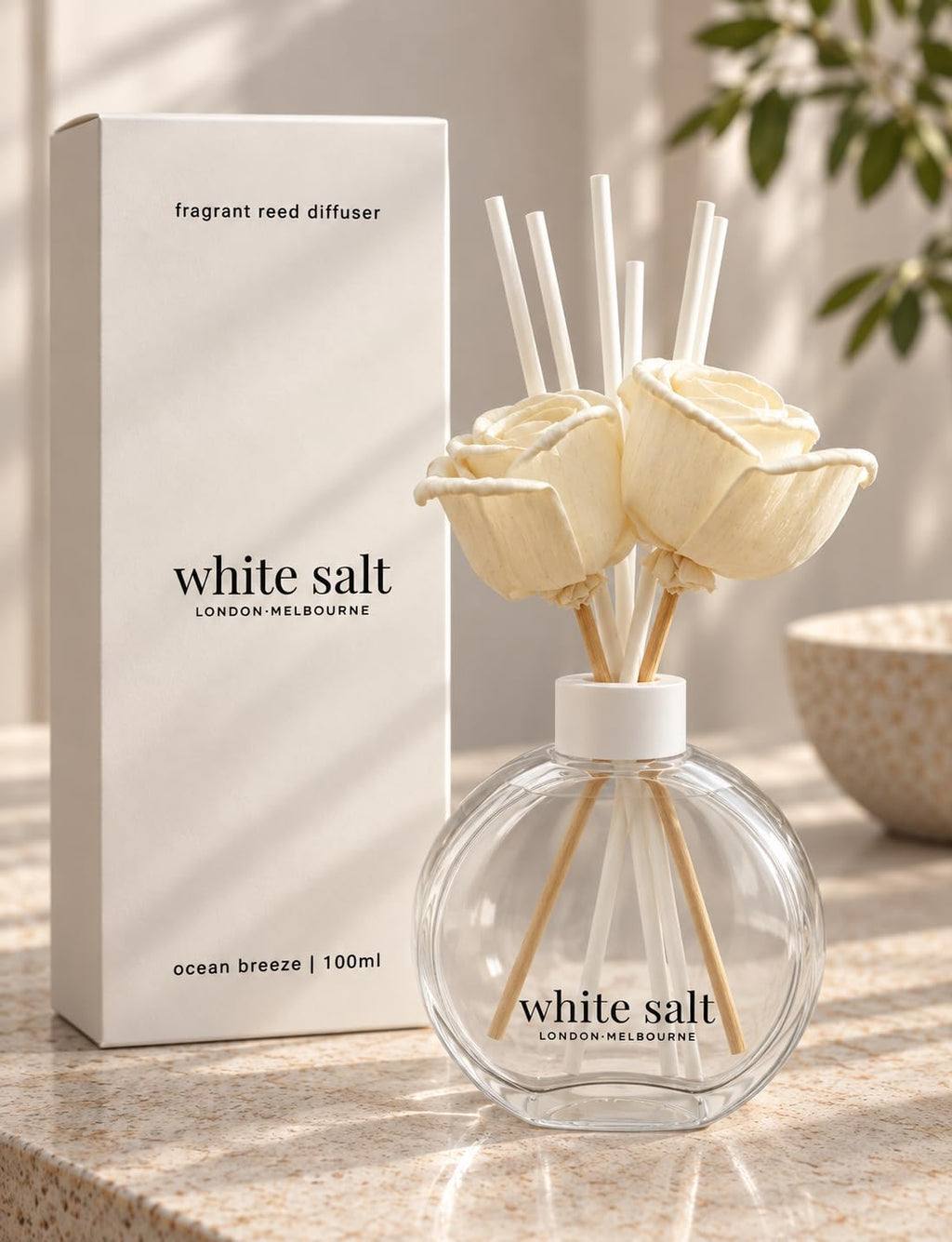 White Salt London Melbourne Ocean Breeze Reed Diffuser 100ml Luxury Home Fragrance with Essential Oils Long Lasting for Bedroom Bathroom and Living Room