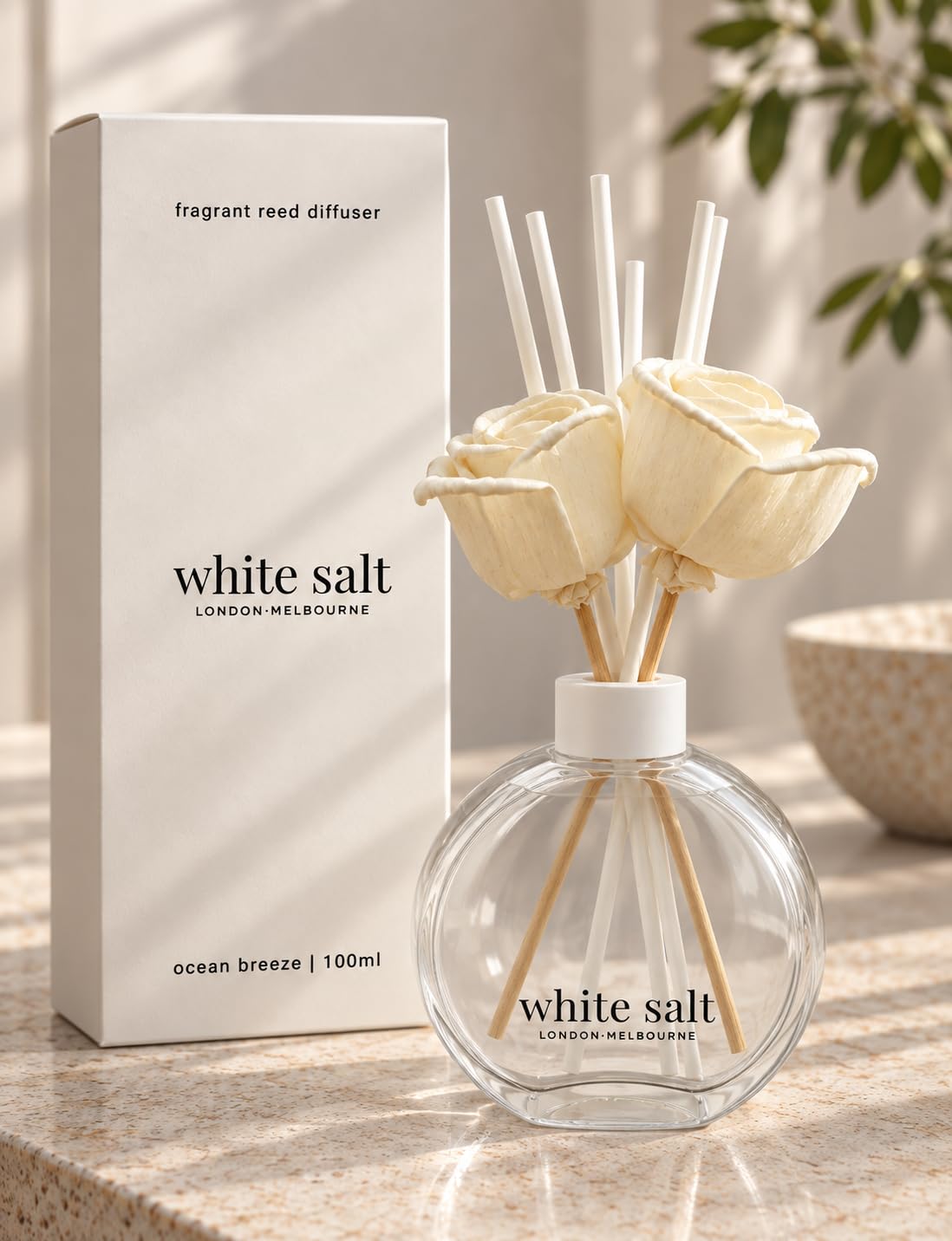 White Salt London Melbourne Ocean Breeze Reed Diffuser 100ml Luxury Home Fragrance with Essential Oils Long Lasting for Bedroom Bathroom and Living Room