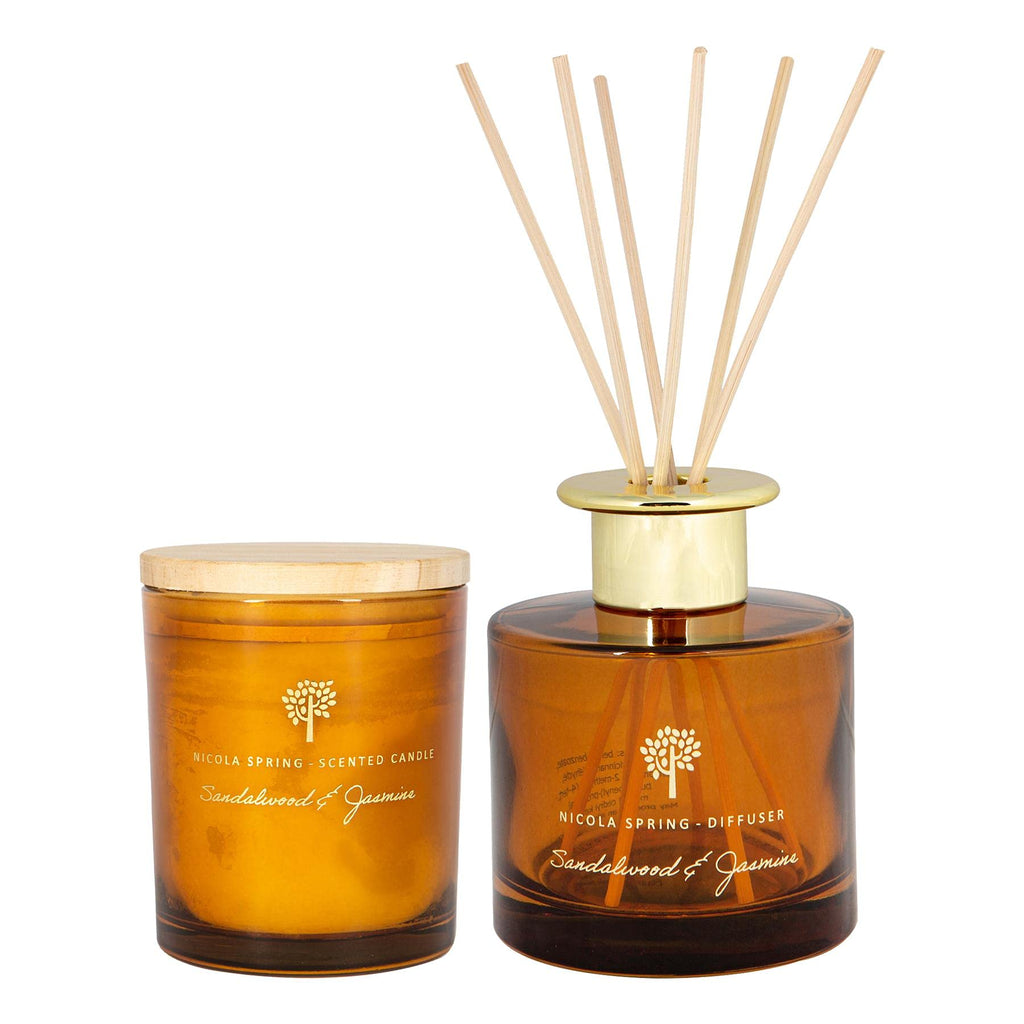 Nicola Spring Sandalwood & Jasmine Scented Candle & Reed Diffuser Set - 130g Soy Wax Candle 21 Hour Burning Time Small Relaxing Fragrance Gift Set Aromatherapy 200ml Fragrant Diffuser