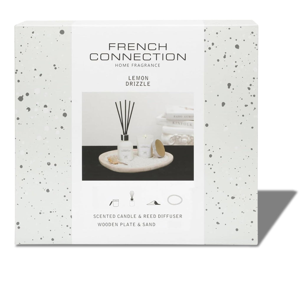 French Connection Lemon Drizzle Home Fragrance Gift Set | Scented Candle & Reed Diffuser with Wooden Plate, Sand | Luxury Aromatherapy Set | (Small)