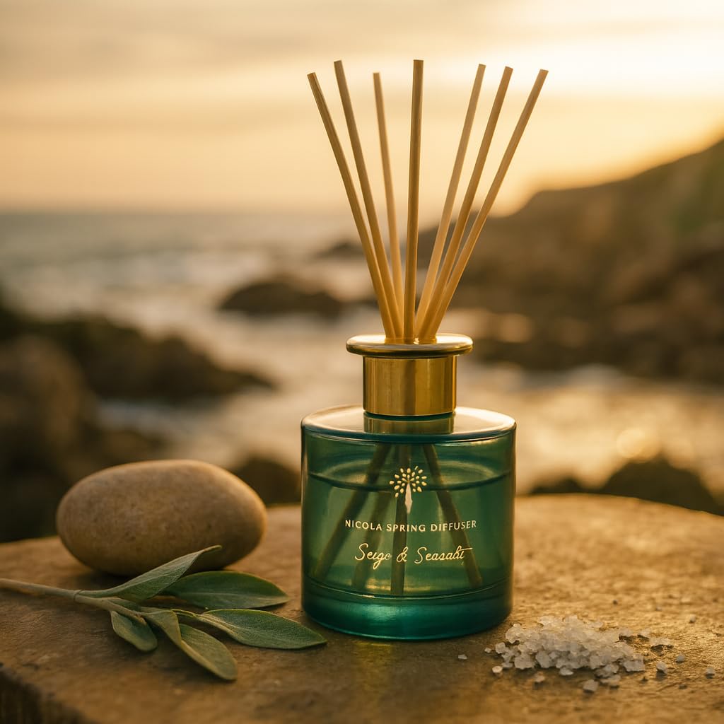 Nicola Spring Sage & Seasalt Scented Candle & Reed Diffuser Set - 130g Soy Wax Candle 21 Hour Burning Time Small Relaxing Fragrance Gift Set Aromatherapy 200ml Fragrant Diffuser
