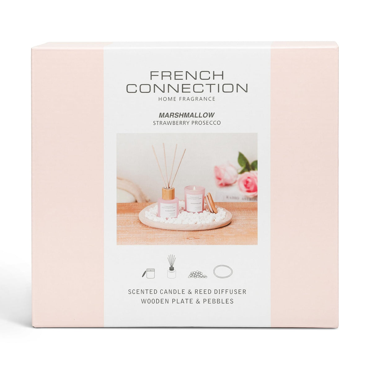French Connection Marshmallow Home Fragrance Gift Set | Scented Candle & Reed Diffuser with Wooden Plate & Pebbles | Luxury Aromatherapy Set | (Small)