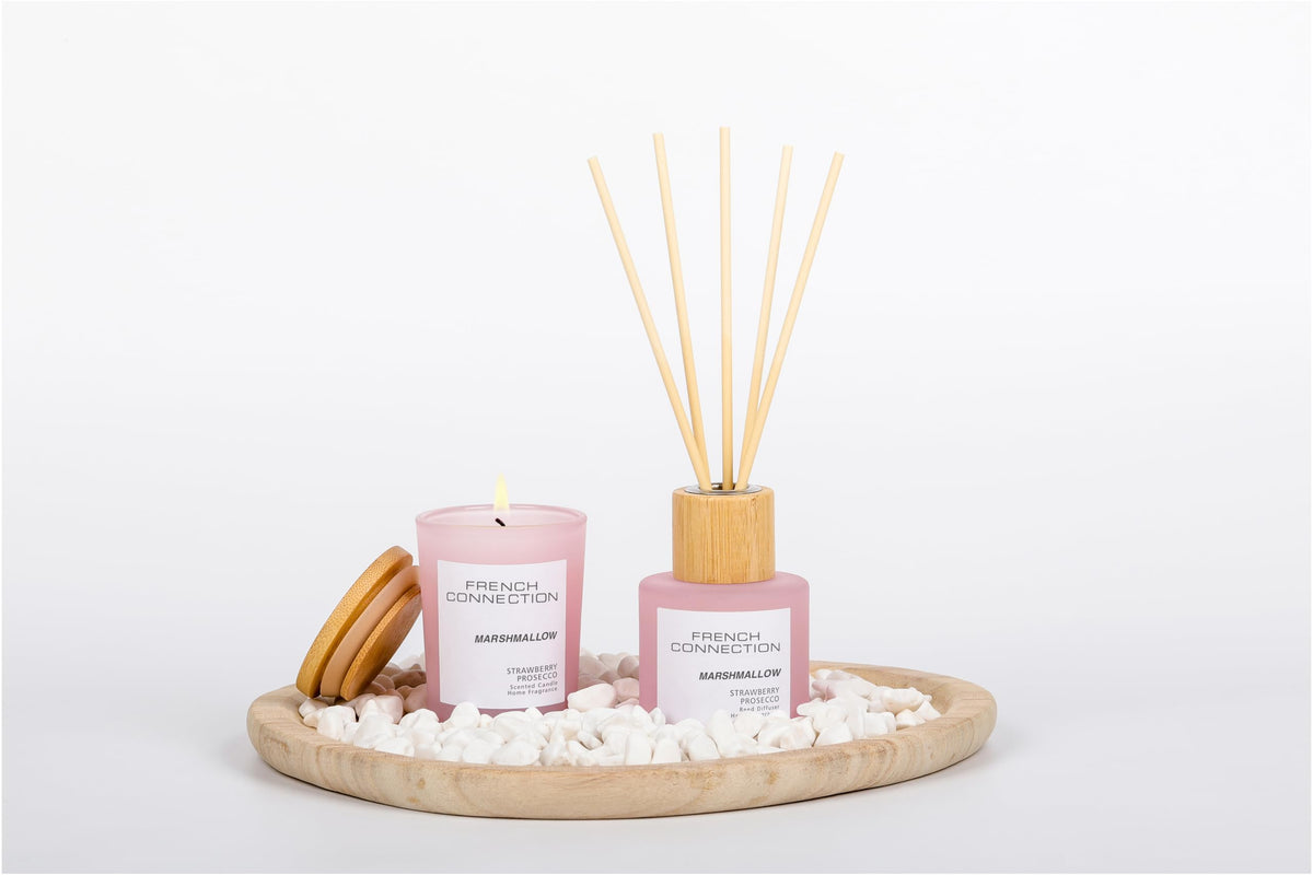 French Connection Marshmallow Home Fragrance Gift Set | Scented Candle & Reed Diffuser with Wooden Plate & Pebbles | Luxury Aromatherapy Set | (Small)