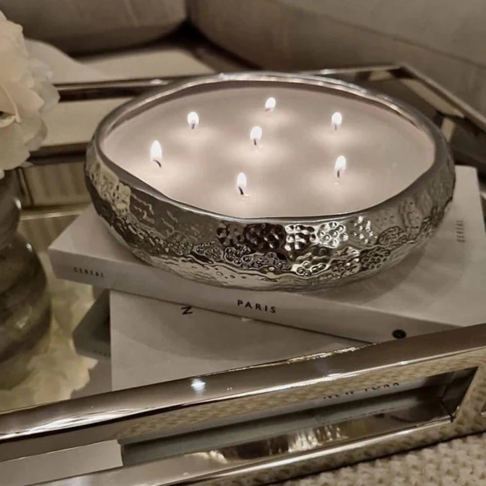 Marco Paul Large Vanilla Scented Candle Bowl - 7 Wick Silver Candle Dish Hammered Tone Home Decoration - Home Fragrance Luxury Soy Wax Christmas Gifts Long Lasting Dining Table Centrepiece