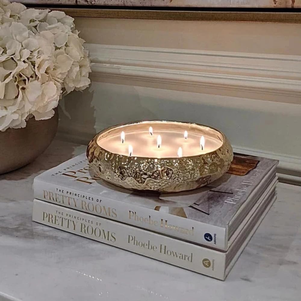Marco Paul Large Scented Candle Bowl 7 Wick Gold Vanilla 25cm Candle Dish Hammered Tone Long Lasting Home Fragrance Luxury Soy Wax Christmas Home Decoration Dining Table Centrepiece
