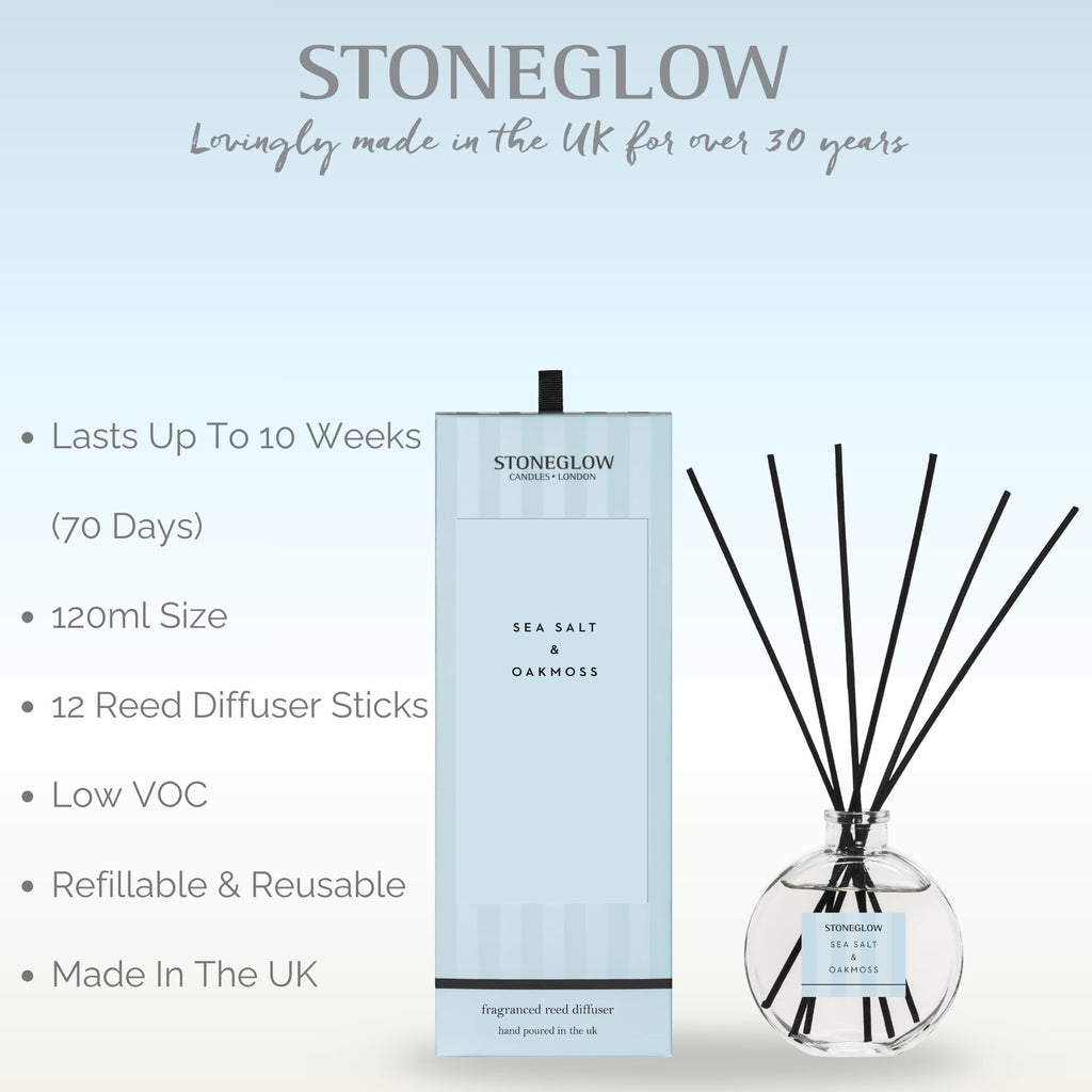 Stoneglow Modern Classics Sea Salt & Oakmoss Scented Reed Diffuser 120ml with 12 Rattan Reed Diffuser Sticks – Fragranced Home Air Freshener, Lasts 10 Weeks, Refillable Fragrance, Made In The UK