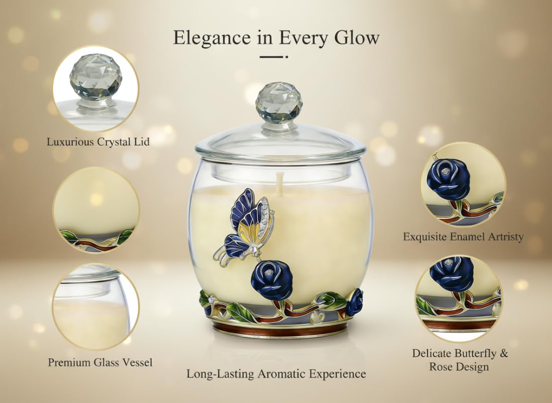Luxury Scented Candles Gifts for Women - Enamel Butterfly & Blue Rose Decorative Glass Jar with Faceted Crystal Lid, Natural Soy Wax Aromatherapy Candle for Stress Relief, Unique Birthday Mother's Day