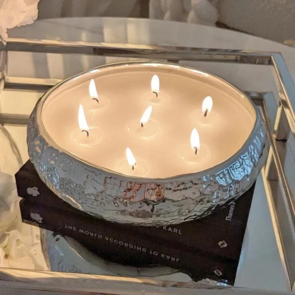 Marco Paul Large Vanilla Scented Candle Bowl - 7 Wick Silver Candle Dish Hammered Tone Home Decoration - Home Fragrance Luxury Soy Wax Christmas Gifts Long Lasting Dining Table Centrepiece