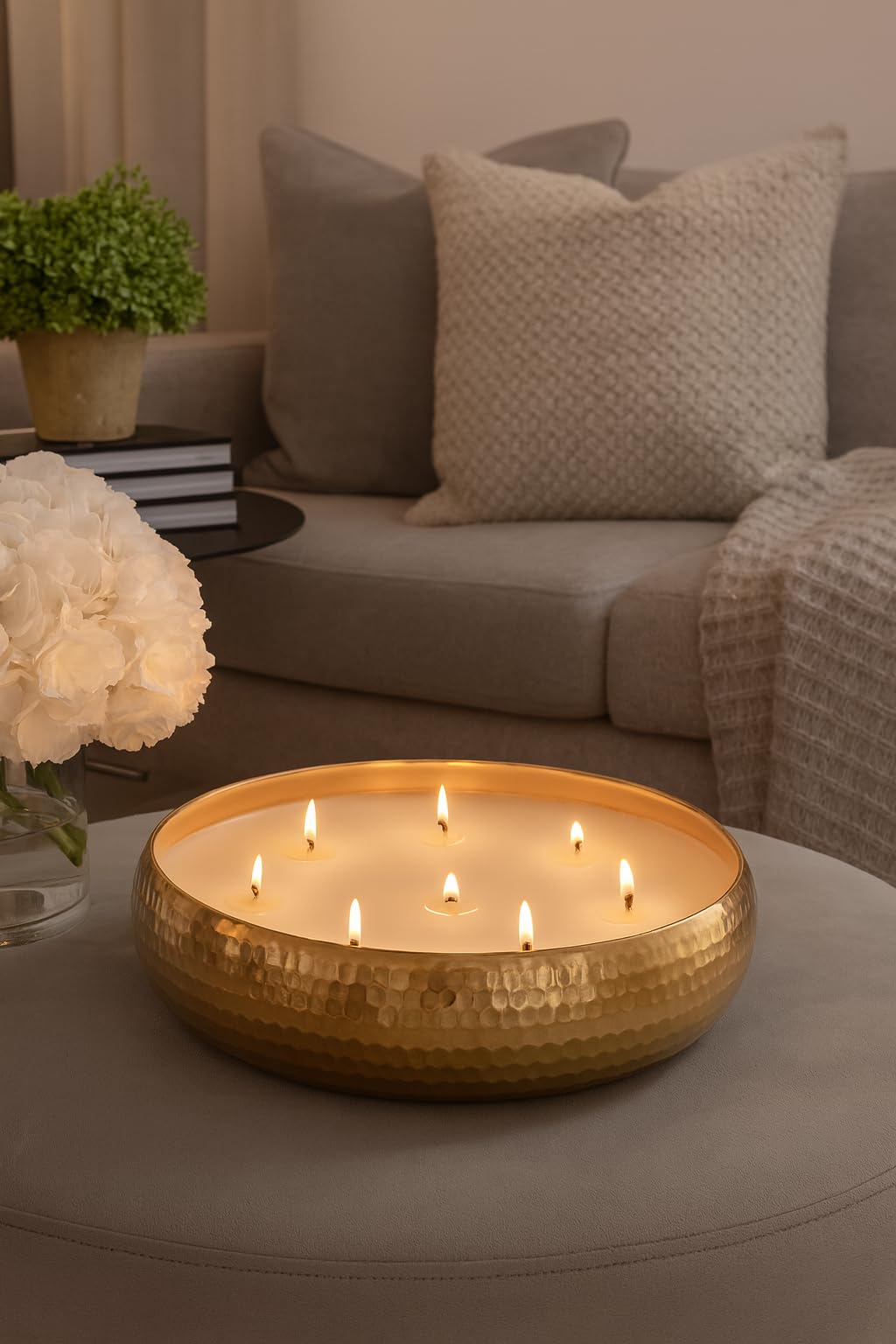 Marco Paul Large Scented Candle Bowl 7 Wick Gold Vanilla 25cm Candle Dish Hammered Tone Long Lasting Home Fragrance Luxury Soy Wax Christmas Home Decoration Dining Table Centrepiece