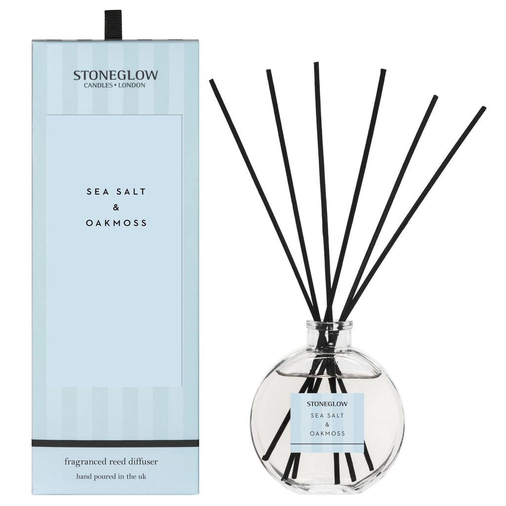 Stoneglow Modern Classics Sea Salt & Oakmoss Scented Reed Diffuser 120ml with 12 Rattan Reed Diffuser Sticks – Fragranced Home Air Freshener, Lasts 10 Weeks, Refillable Fragrance, Made In The UK