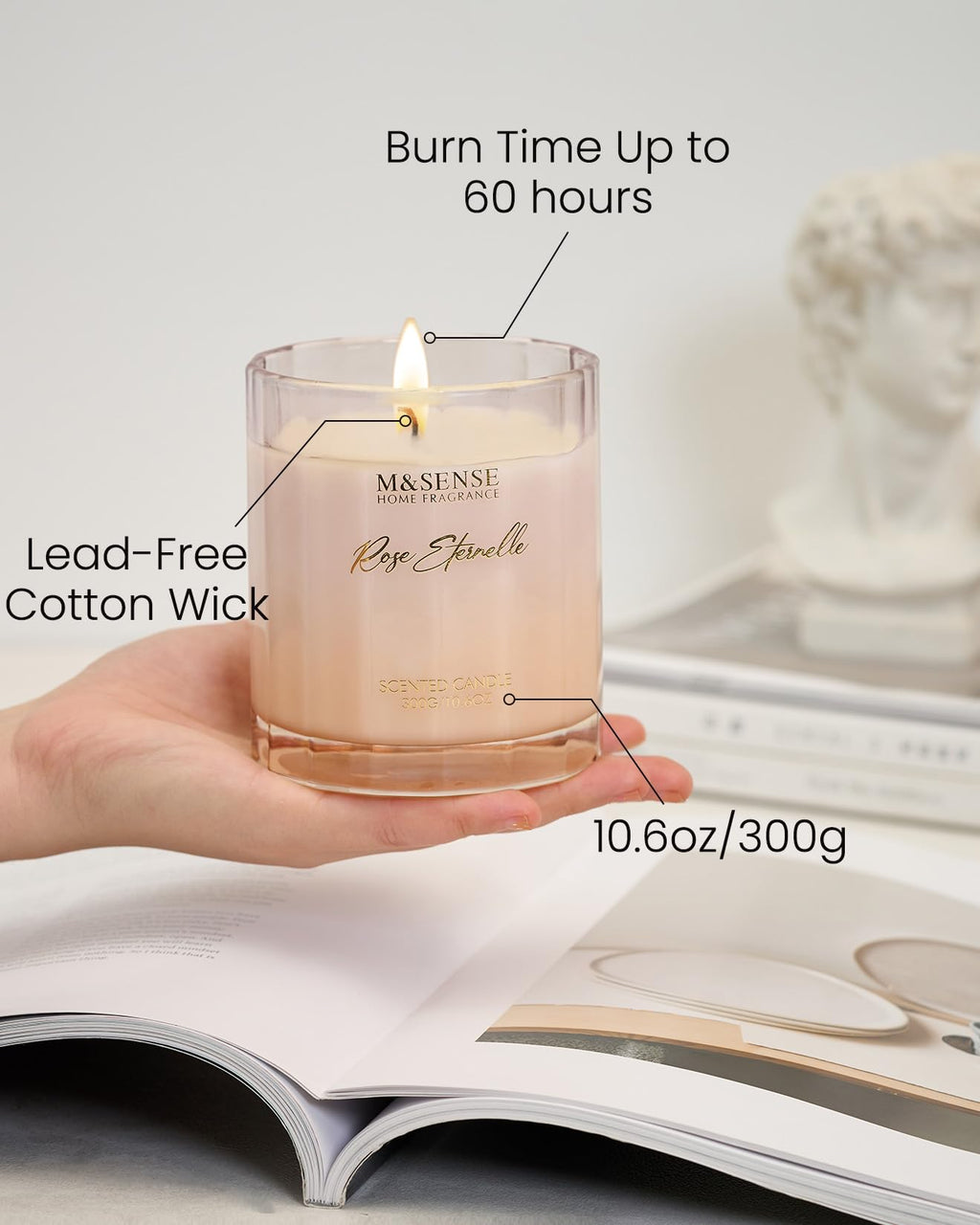 M&SENSE Rose Eternelle Soy Scented Candles Gifts for Women 300g 60 Hour Burn Luxury Jar Candles for Women Home Decor Valentines Day Organic Non Toxic Aromatherapy Candle for Relaxing Yoga Spa