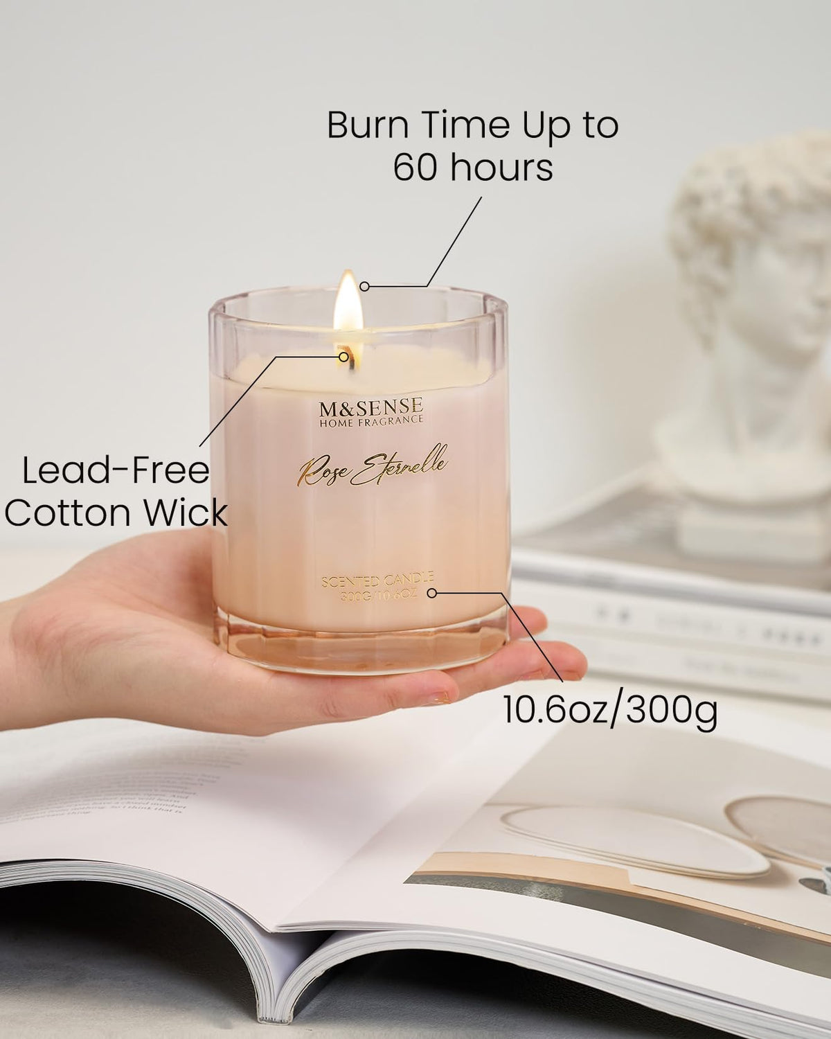 M&SENSE Rose Eternelle Soy Scented Candles Gifts for Women 300g 60 Hour Burn Luxury Jar Candles for Women Home Decor Valentines Day Organic Non Toxic Aromatherapy Candle for Relaxing Yoga Spa
