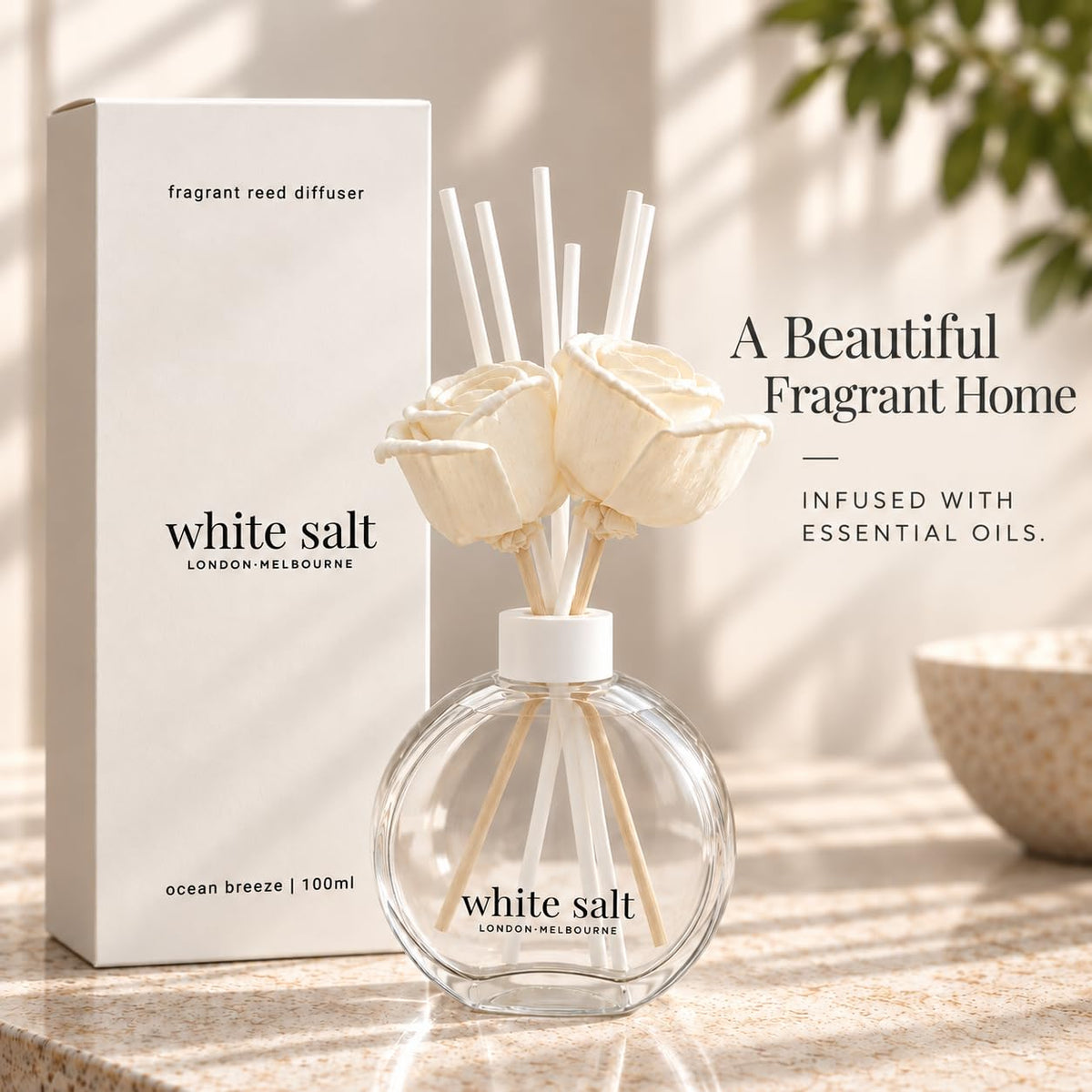 White Salt London Melbourne Ocean Breeze Reed Diffuser 100ml Luxury Home Fragrance with Essential Oils Long Lasting for Bedroom Bathroom and Living Room