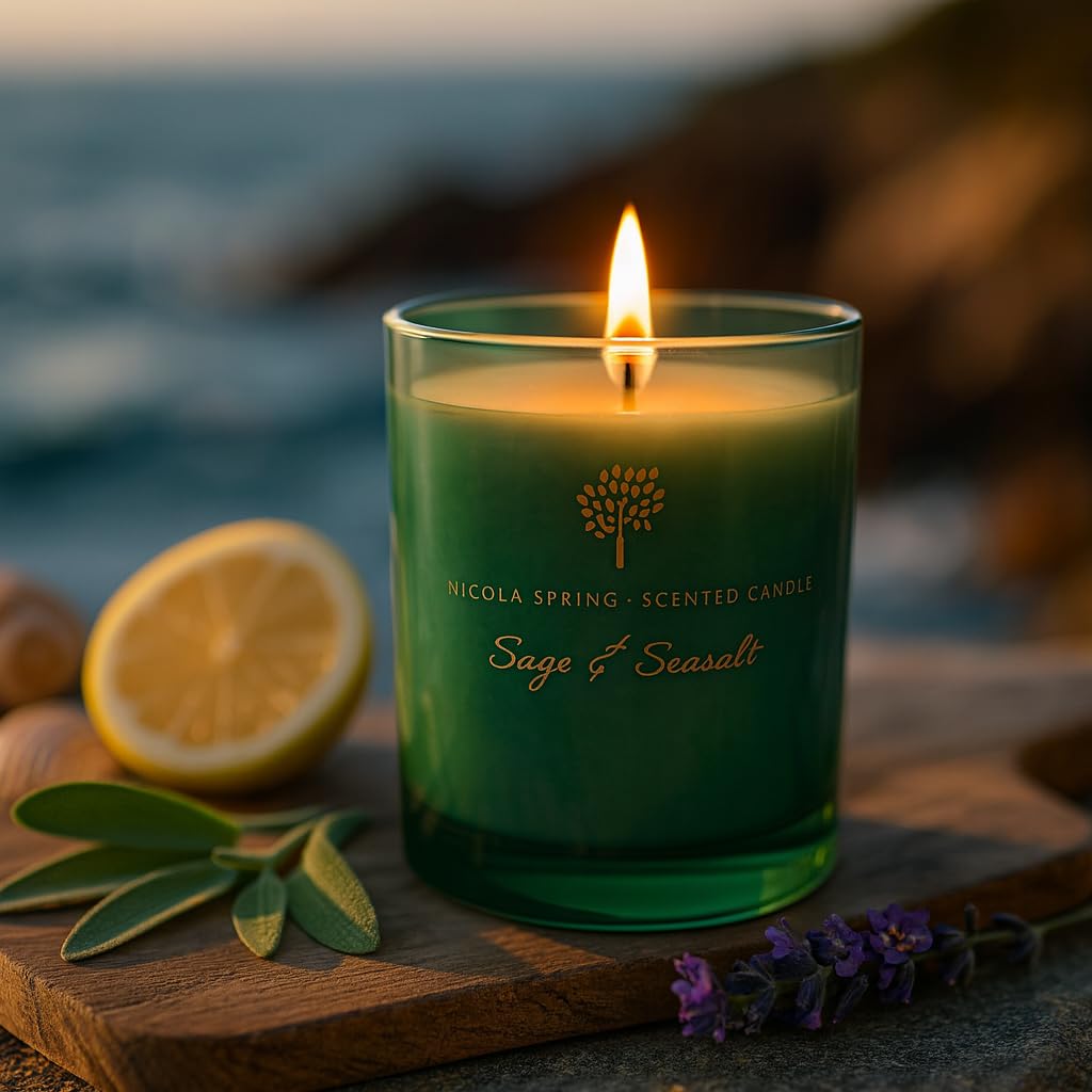Nicola Spring Sage & Seasalt Scented Candle & Reed Diffuser Set - 130g Soy Wax Candle 21 Hour Burning Time Small Relaxing Fragrance Gift Set Aromatherapy 200ml Fragrant Diffuser