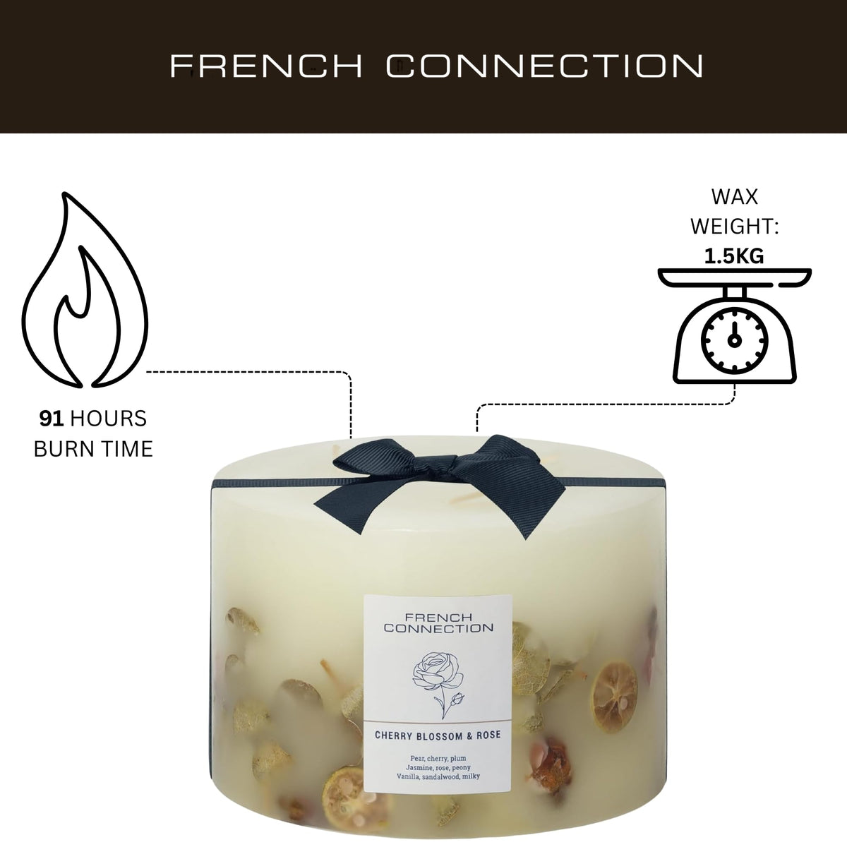 French Connection Cherry Blossom & Rose Scented Candle Botanical Pillar Candle | Aromatherapy Candles Gifts For Women & Men- (1.5KG/91hr) Burn Time | Long-Lasting Large 3 Wick Candle Housewarming Gift