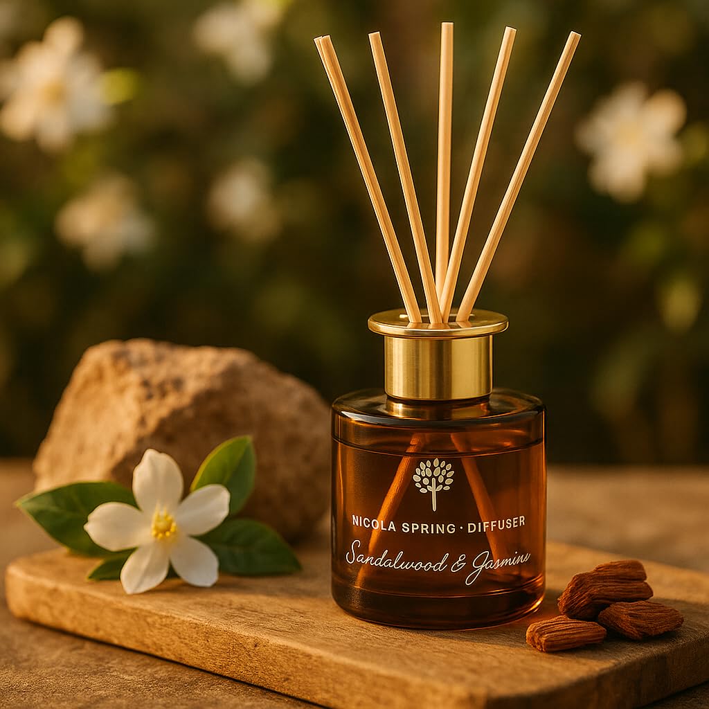 Nicola Spring Sandalwood & Jasmine Scented Candle & Reed Diffuser Set - 130g Soy Wax Candle 21 Hour Burning Time Small Relaxing Fragrance Gift Set Aromatherapy 200ml Fragrant Diffuser