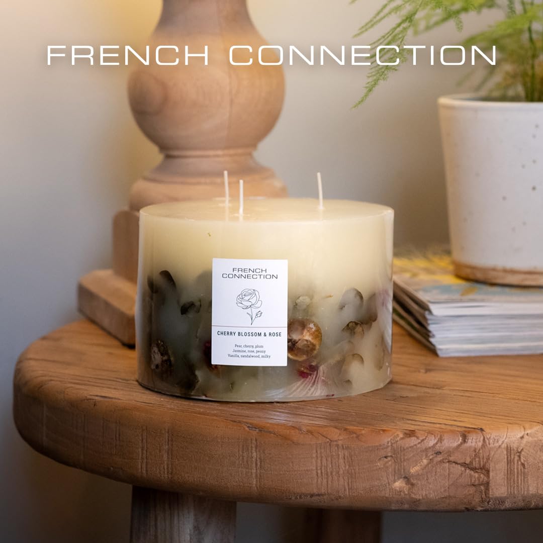 French Connection Cherry Blossom & Rose Scented Candle Botanical Pillar Candle | Aromatherapy Candles Gifts For Women & Men- (1.5KG/91hr) Burn Time | Long-Lasting Large 3 Wick Candle Housewarming Gift