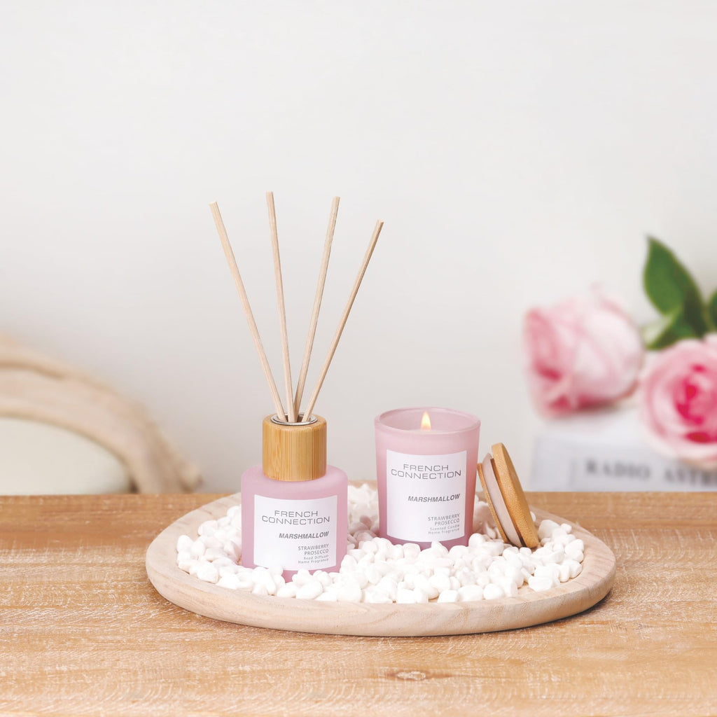 French Connection Marshmallow Home Fragrance Gift Set | Scented Candle & Reed Diffuser with Wooden Plate & Pebbles | Luxury Aromatherapy Set | (Small)