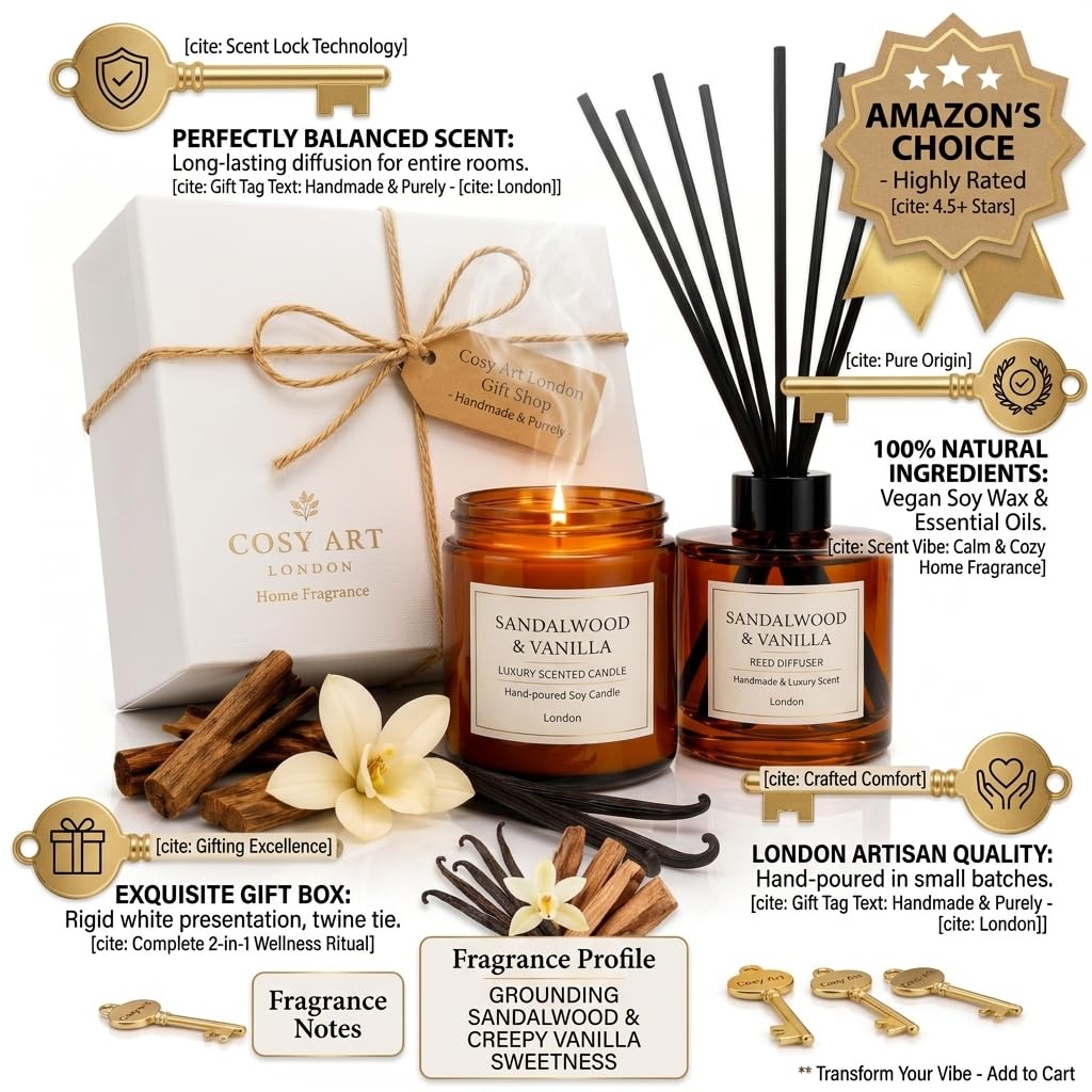 Gift Set | Luxury Sandalwood & Vanilla Relaxation Hamper | Cosy Art London Home Fragrance Box Includes Hand-Poured Soy Candle & Reed Diffuser | Premium Birthday, Anniversary, Pamper Gift