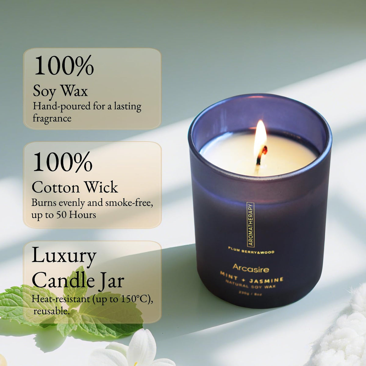 Mint Jasmine Scented Candle, Luxury Candles for Women, 8oz Soy Wax Candle