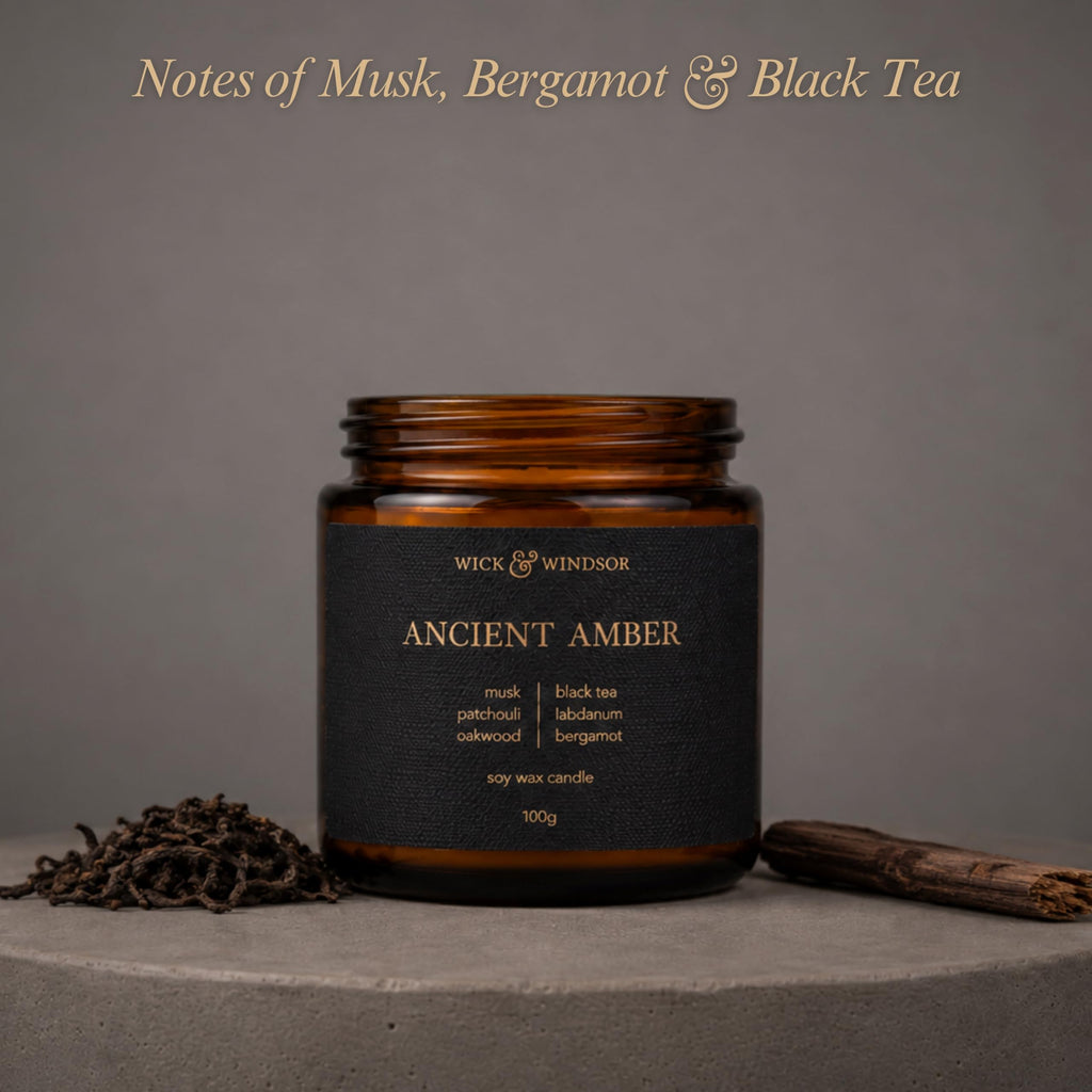 Wick & Windsor | Scented Candle Gift Set | Origins Collection | 3 Luxury Soy Wax Candles | Wooden Wick | 3×100g | Amber, Black Pepper & Sea Salt | Gift for Him - Birthday, Christmas & Father's Day