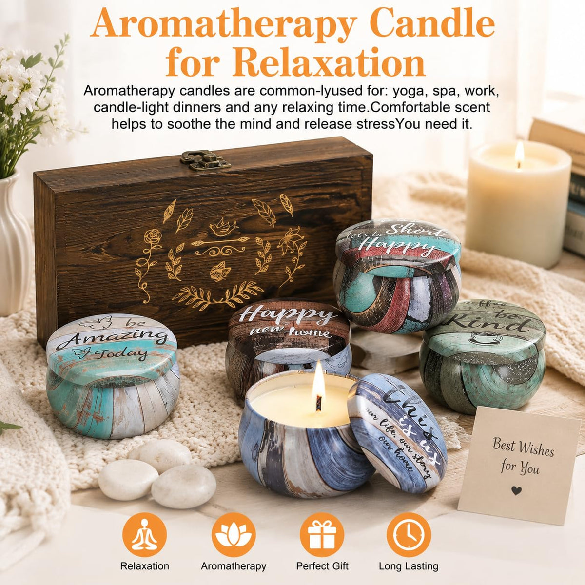 Luxury Scented Candle Gift Set for Women Natural Soy Wax Aromatherapy Candles in Elegant Wooden Gift Box for Relaxing, Self Care & Cosy Home Spa, Small Thoughtful Gift for Birthday, Mum, Christmas