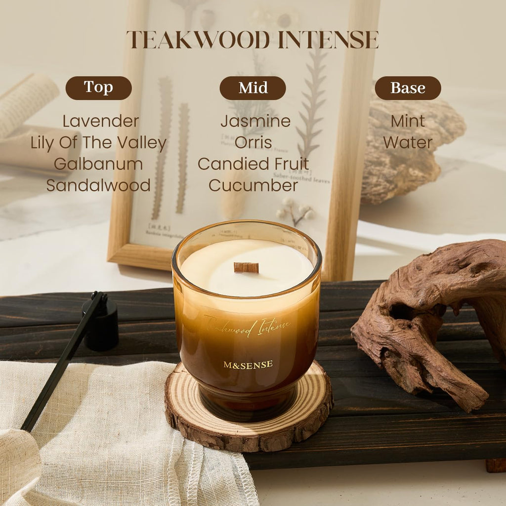M&SENSE Teakwood Intense Scented Candle with Crackling Wick, 270g, 60 Hour Burn Time for Women