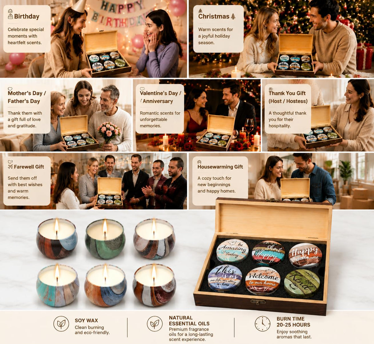 Luxury Scented Candle Gift Set for Women Natural Soy Wax Aromatherapy Candles in Elegant Wooden Gift Box for Relaxing, Self Care & Cosy Home Spa, Small Thoughtful Gift for Birthday, Mum, Christmas