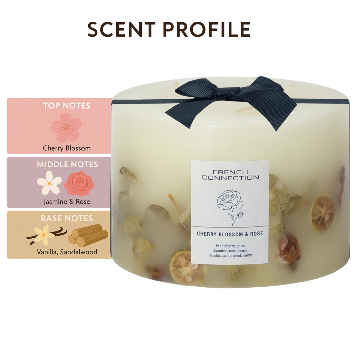 French Connection Cherry Blossom & Rose Scented Candle Botanical Pillar Candle | Aromatherapy Candles Gifts For Women & Men- (1.5KG/91hr) Burn Time | Long-Lasting Large 3 Wick Candle Housewarming Gift
