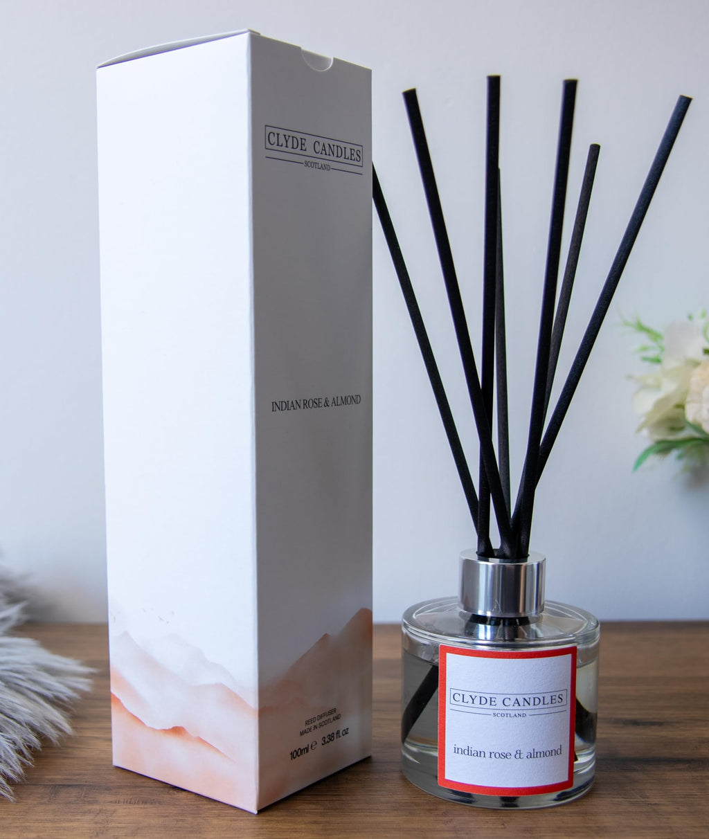 Indian Rose & Almond Reed Diffuser - Clyde Candles, Luxury Diffuser Oil with a Set of 7 Fibre Sticks, Best Aroma Scent for Home, Kitchen, Living Room, Bathroom. Fragrance Diffusers set with sticks
