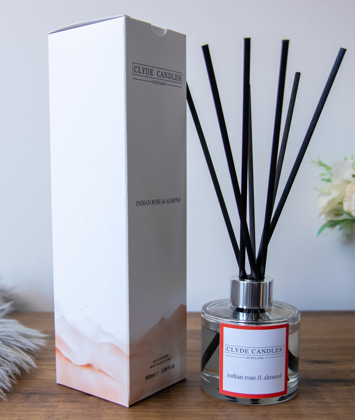 Indian Rose & Almond Reed Diffuser - Clyde Candles, Luxury Diffuser Oil with a Set of 7 Fibre Sticks, Best Aroma Scent for Home, Kitchen, Living Room, Bathroom. Fragrance Diffusers set with sticks
